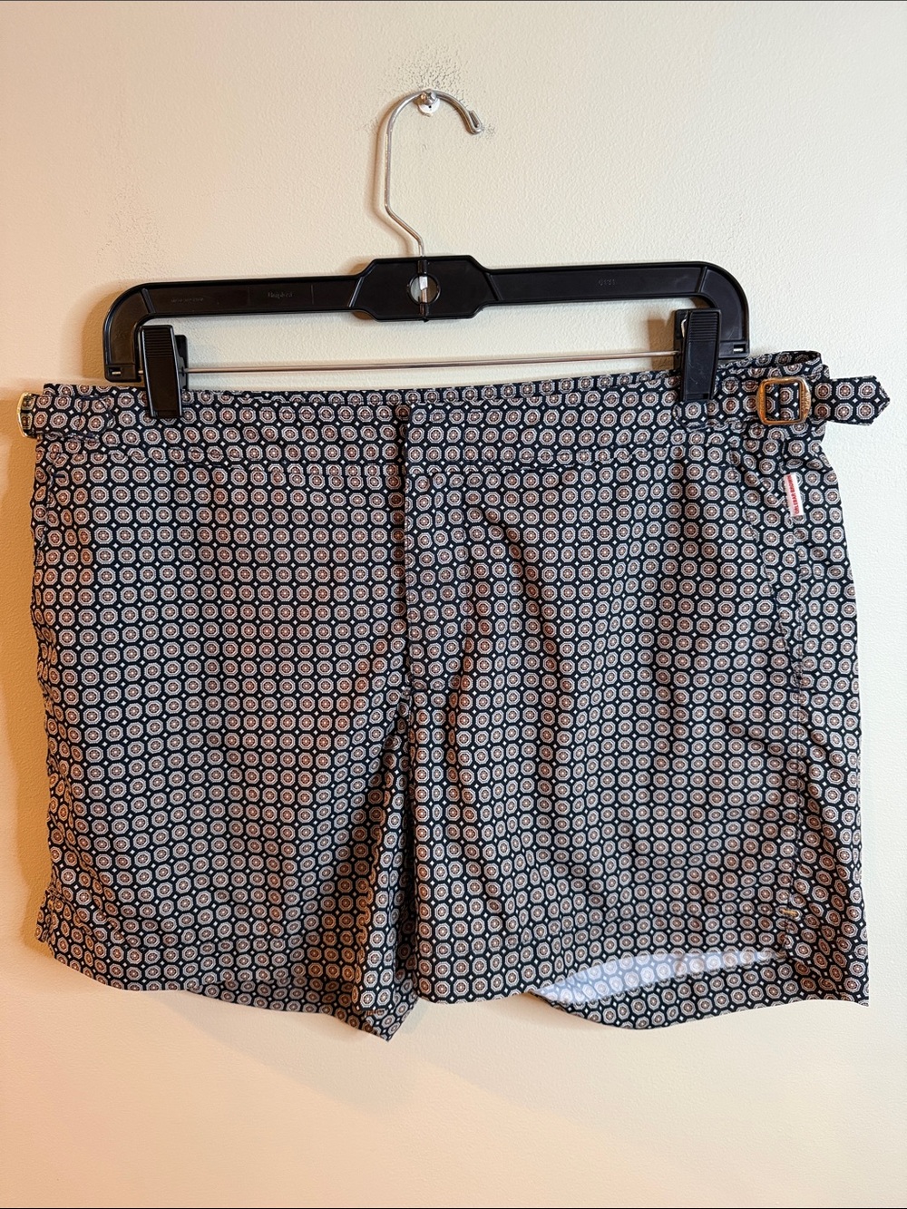 Orlebar Brown Navy and White Geo-Print Swim Trunks with Side Belt